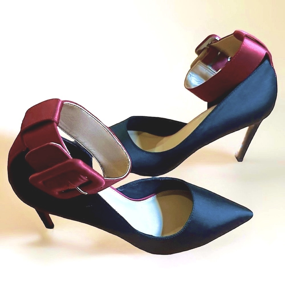 Satin Stilettos Black, Burgundy Red Ankle Straps